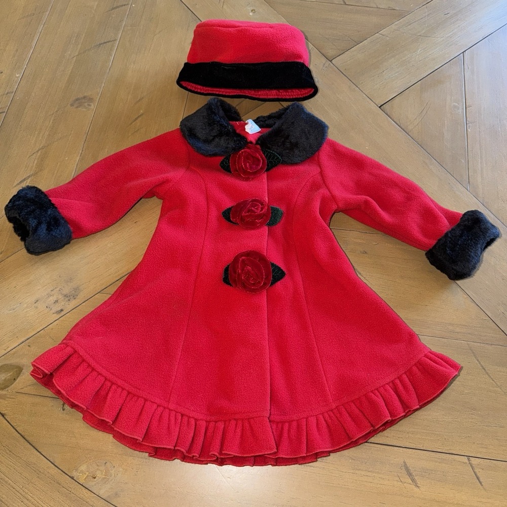 Starting Out Girls Red Dress Coat Matching Hat 18M Faux Fur Velvet Rose Holiday